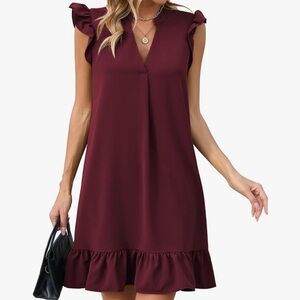 Famulily Cap Sleeve V Neck Ruffled Hem Solid Smock Casual Mini Sundress